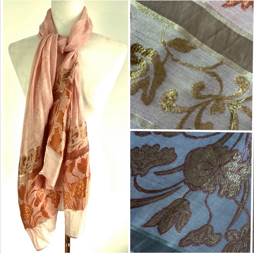 🆕 Fine woven scarf: long, soft in pink, copper & gold w/arabesques & flowers - Picture 15 of 16